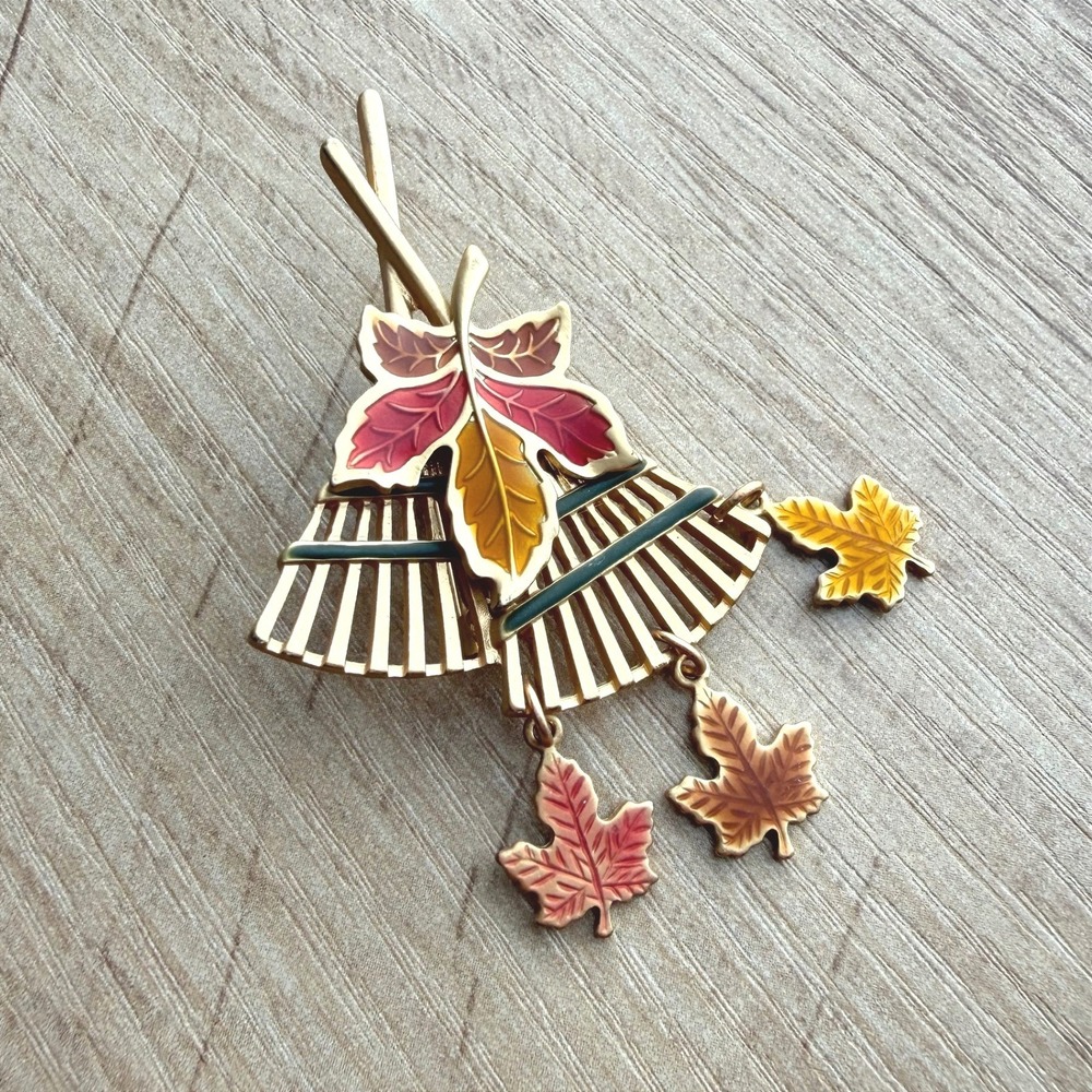 Vintage Autumn Leaf Rake Dangle Brooch Gold Tone Enamel Fall Cottagecore Pin